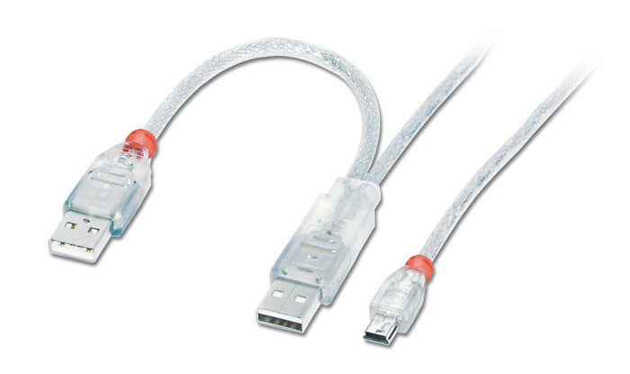 1m USB Cable - Dual Power, 2 x Type A (20cm) to mini B, USB 2.0