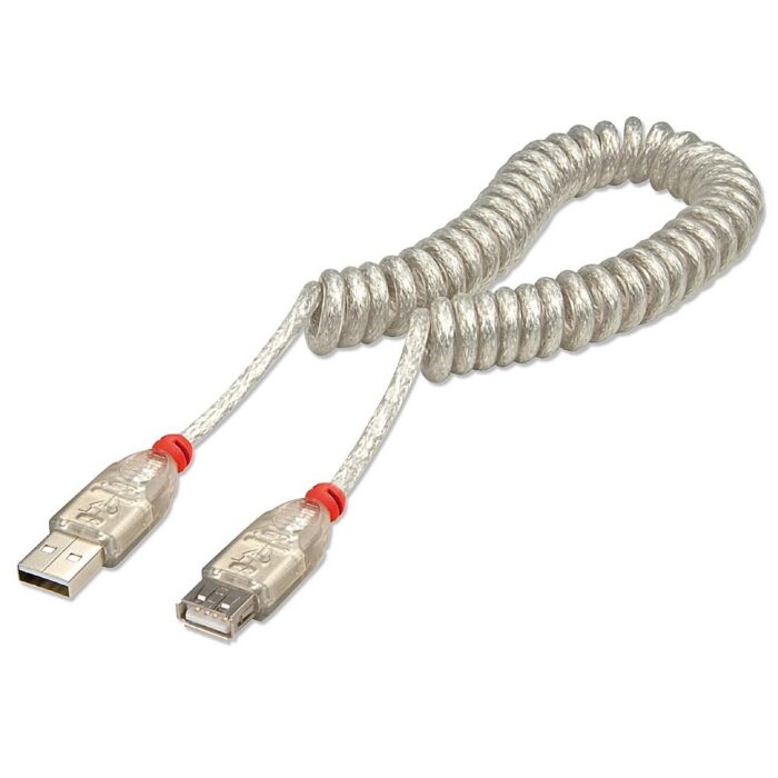 2m USB 2.0 Coiled Extension Cable, Type A to Type A, Transparent