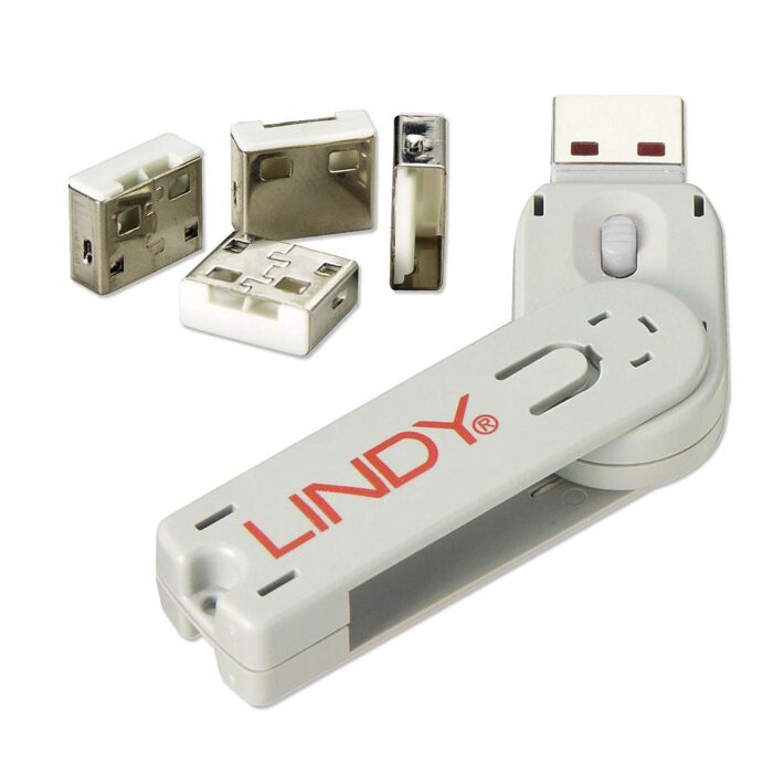 LINDY 40454 USB Port Blocker with Key, White  - Pack of 4